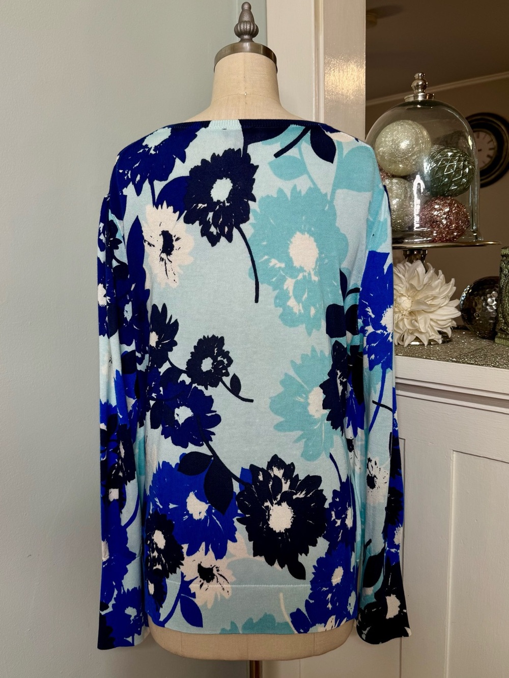 Talbots Blue Abstract Floral Puff Sleeve Sweater Lightweight Cotton Size XL - Picture 6 of 12